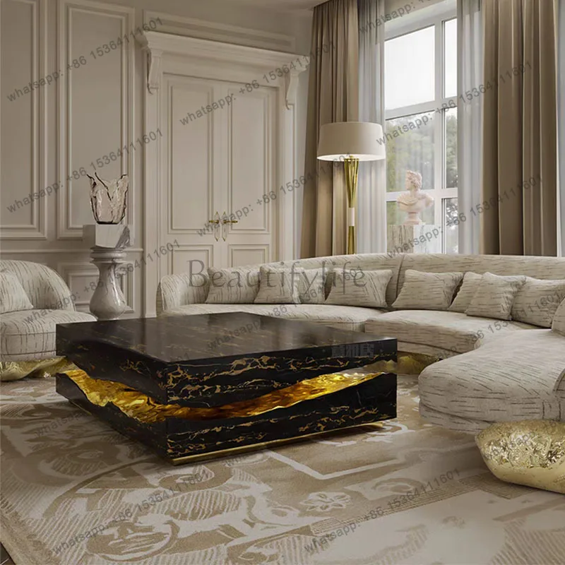 Any Size Custom Italian Luxury Freeform Marble Coffee Table Metal Base Villa Mansion Living Room Waterproof Coffee Table Sturdy