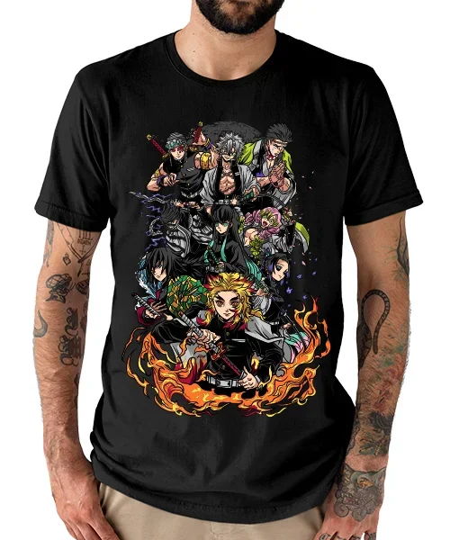 Camiseta unisex Demon Slayer personajes en combate Pilares y Ex pilares Cotton anime T-shirt