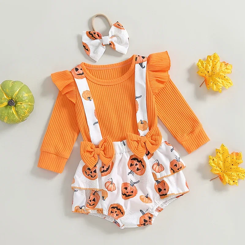 Baby Clothing Girl Long Sleeve Romper with Pumpkin Print Overall Shorts Headband Newborn Halloween Clothes