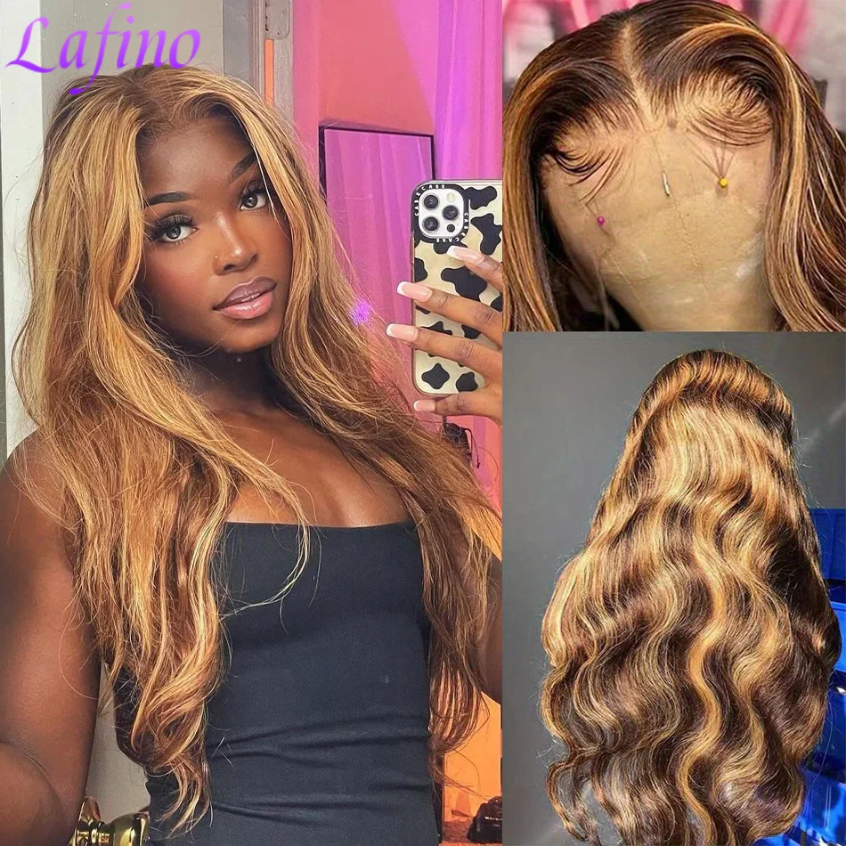 

Highlight 13x6 Hd Lace Body Wave Frontal Wig Brazilian Colored Highlight Human Hair Wigs For Women 4/27 Blonde Pre Plucked Wigs