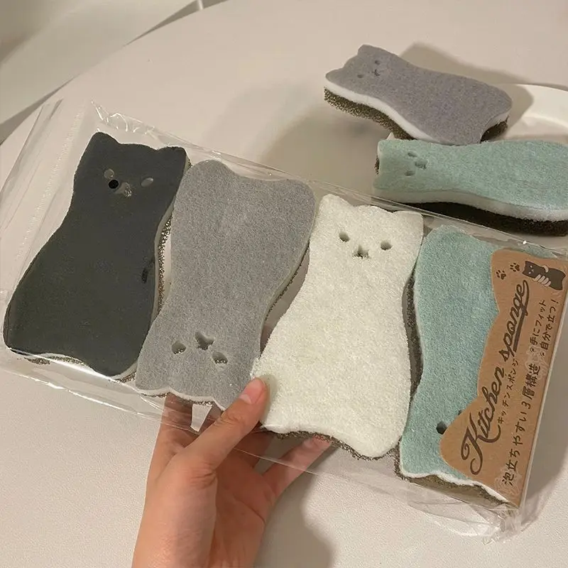 3-8pcs 일본 만화 고양이 3 층 식기 세척 스폰지 세트 두껍고 내구성이 뛰어난 식기 세척 수색 패드 청소 의류