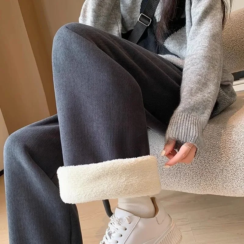 

Extra Thick Lamb Velvet Wide Leg Pants Men Women Casual Loose Drapey Fleece Lined Autumn Winter New Style Comfortable Trousers