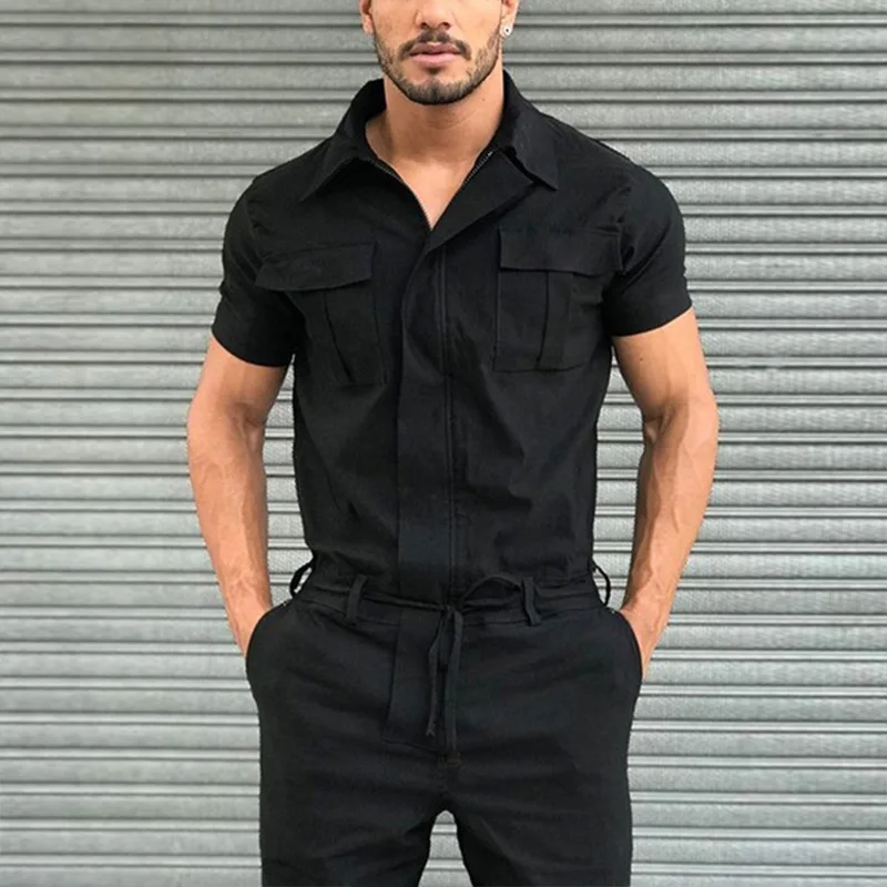 Men's Overalls Casual Streetwear Pocket Solid Color Short Sleeve+Trousers Jumpsuit Fashion Leisure Basic Work Cargos Pants
