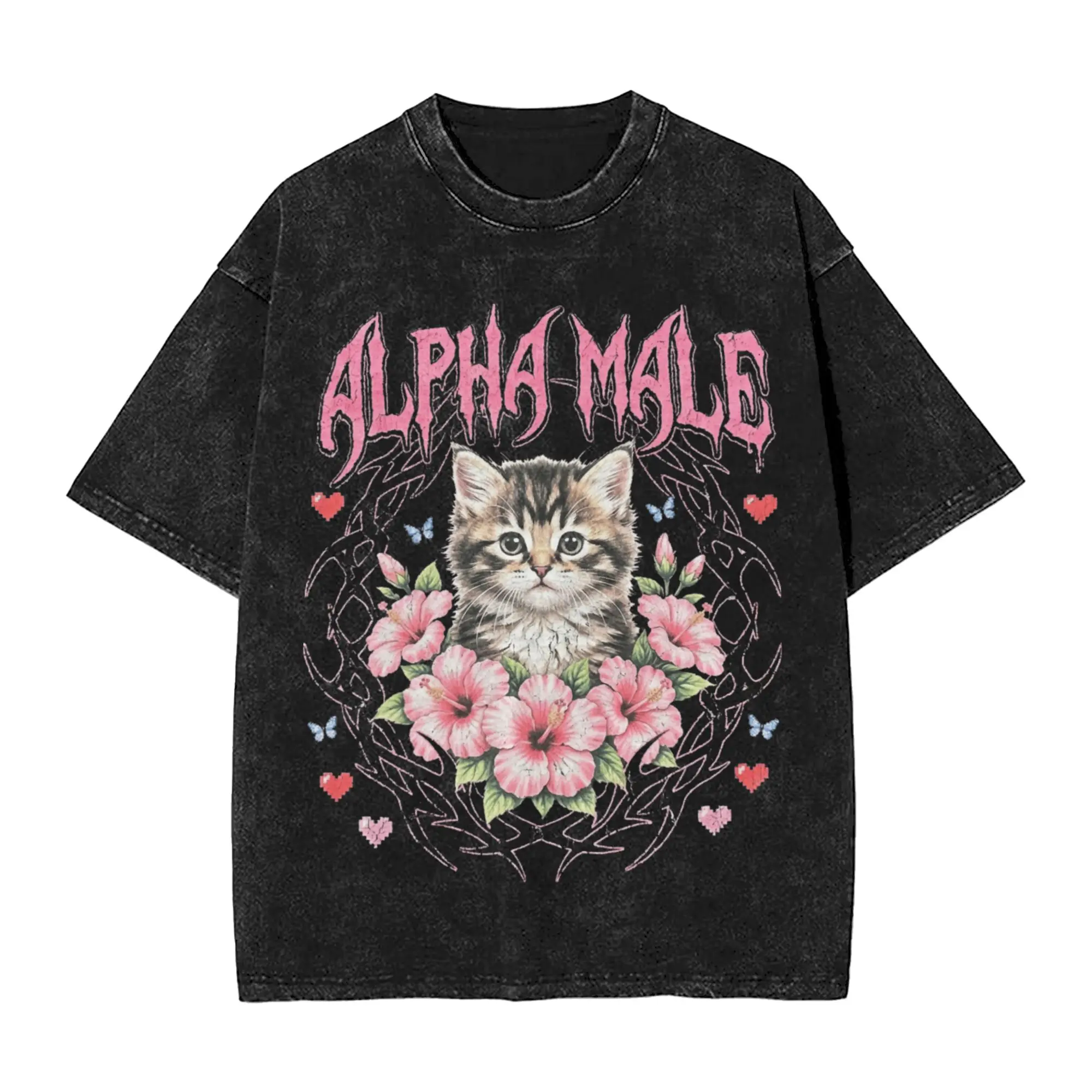 Alpha Male Funny Cat Rainbow Floral Meme  T Shirts Cotton Harajuku Tshirt For Men Short Sleeve Pattern Clothing