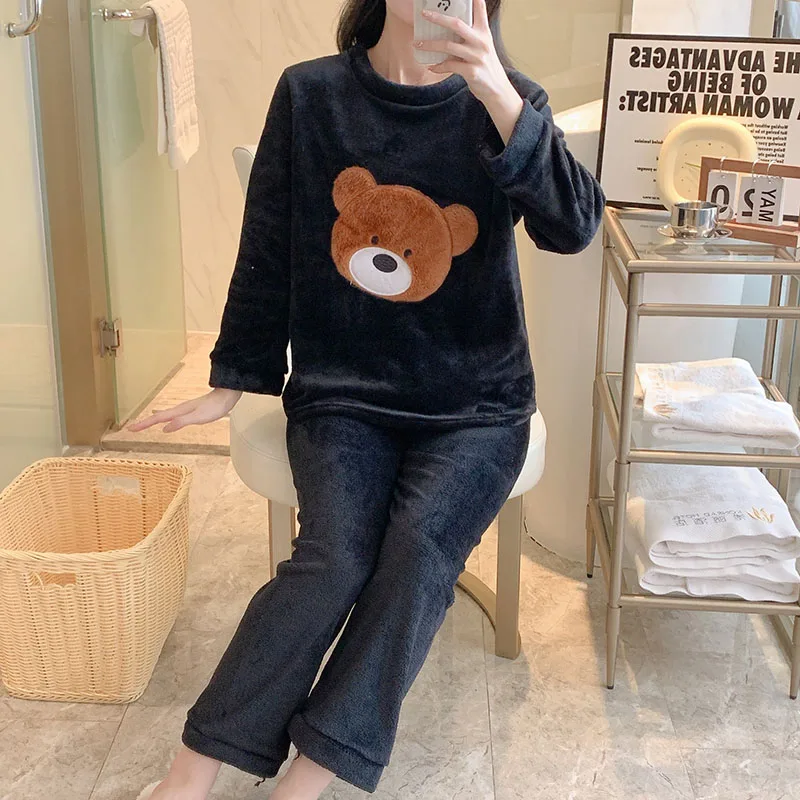 Warm Sleepwear for Winter Girl Cartoon Bear Coral Velvet Christmas Pajamas O-Neck Thickened Women Pajamas Home Wear Women Sets