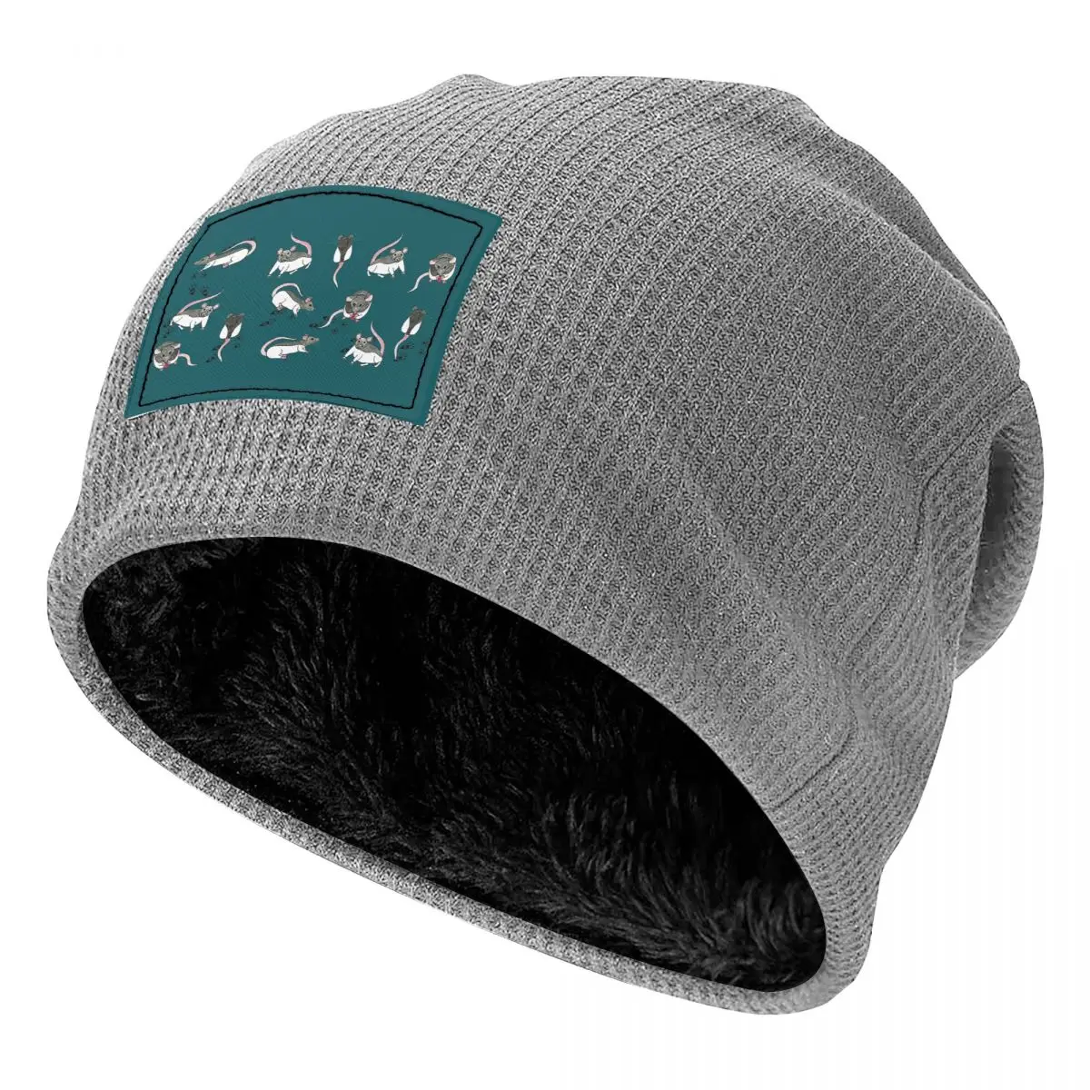 Rats Waffle Knit Fleece Lined Beanie with PU Leather Patch Unisex Warm Winter Soft Cap