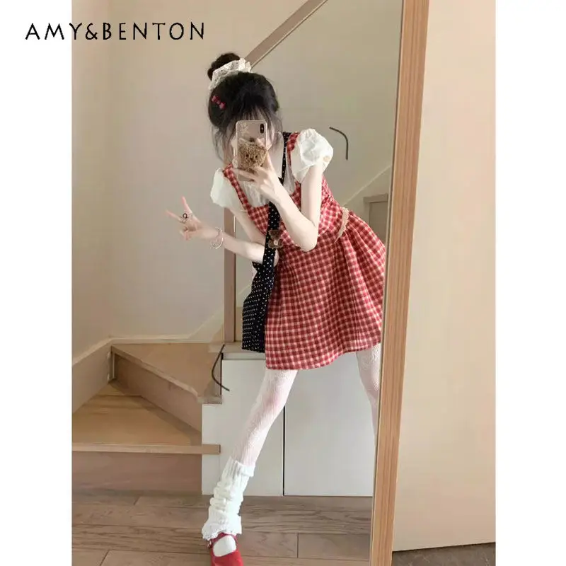 

Big Girls Sweet New Summer Fashion Red Plaid Faux Two-piece Shirt Suspender Dress Kids Fashion Puff Sleeve Slimming Casual Dress