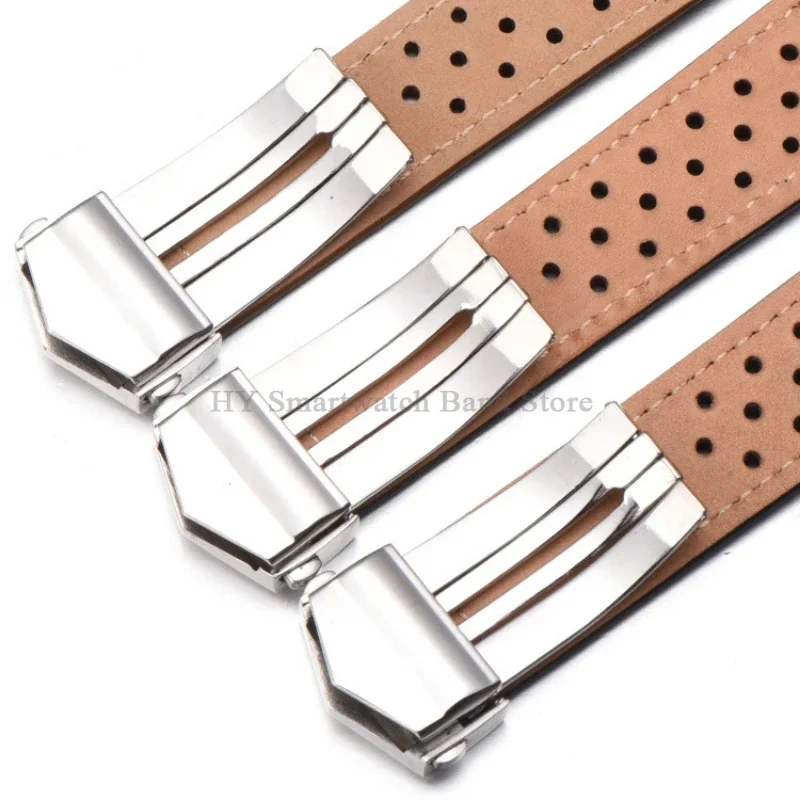 20mm 22mm 24mm Breathable Genuine Leather Watch Strap for Tag Heuer Wrist Band Replacement Soft Bracelet Metal Folding Buckle