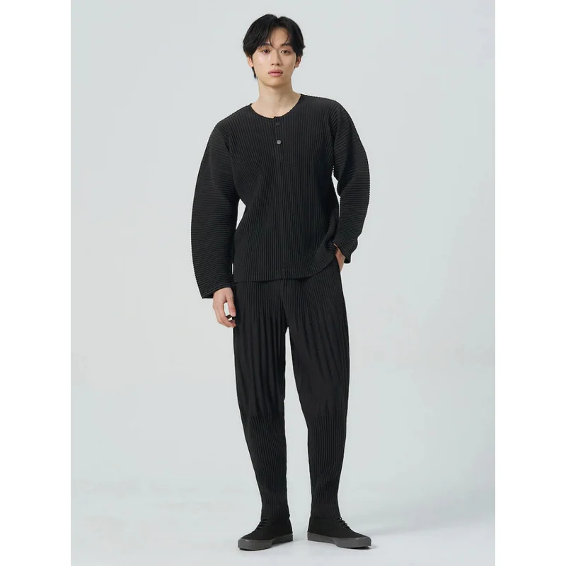 Japanese Plisse Pleated Shirt Men Henley Neck Long Sleeve Top Loose Fit Minimalist Casual Korean