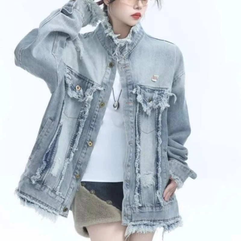 Spring  Autumn Ripped Denim Jacket Men's Ins Loose Hong Kong Style Trend Tooling Top Couple's Versatile Casual Optional Jacket