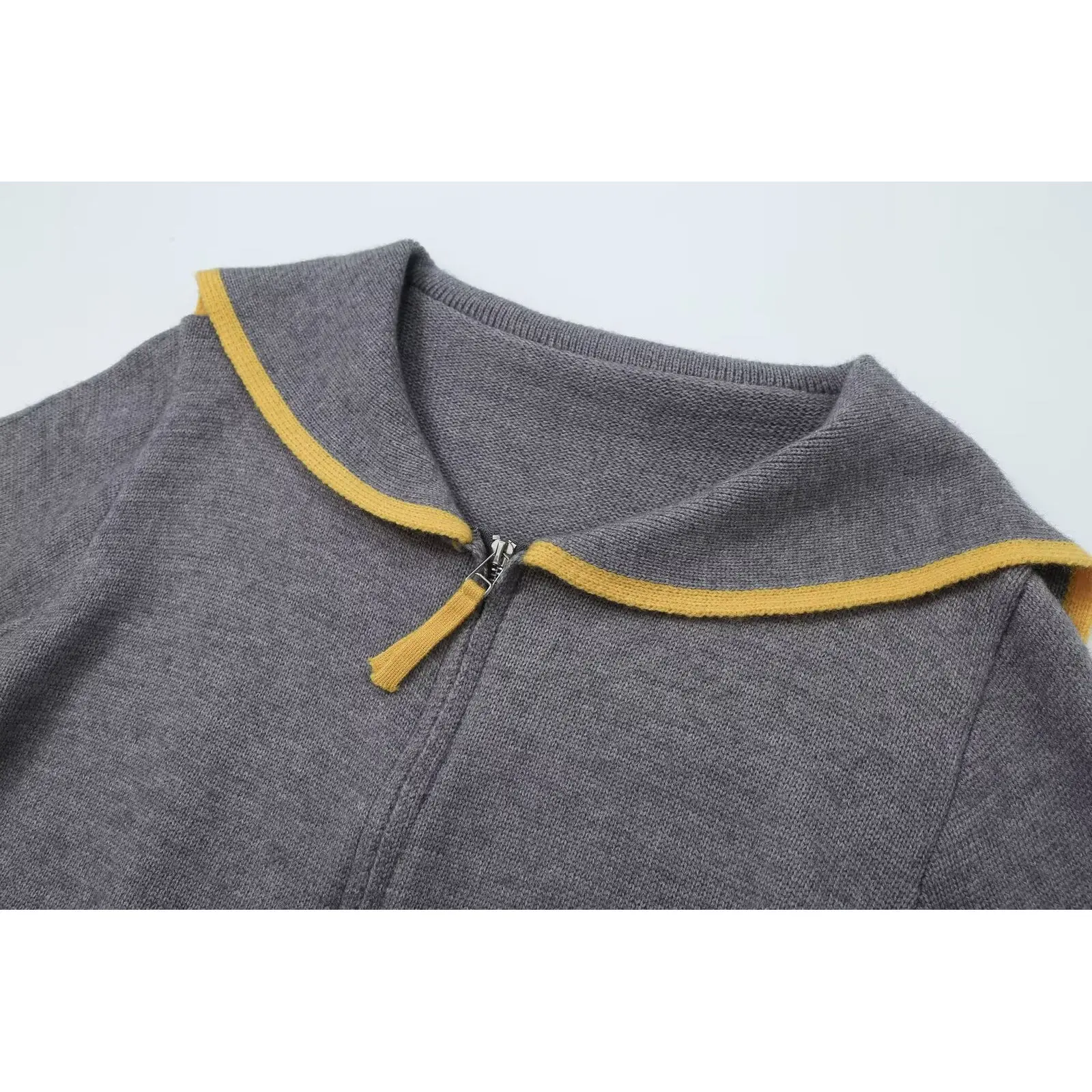 KASLEAD New Women's High-End Knitted Double-Zipper Large-Collar Color-Block Sweater Fall 2026 Long Sleeve Polyester Fiber