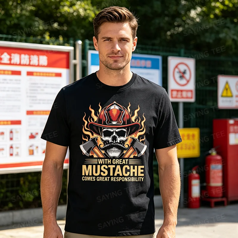 Firefighter Mustache Skull Hero Flame Axes First Responders T-Shirt Y2k Rugged Skeleton Art Graphic Men Clothes Firehouse Tee