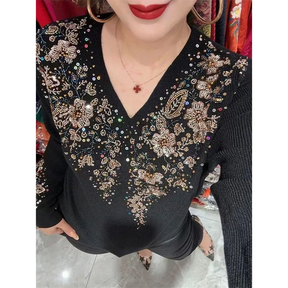 High Quality Women\'s Sweaters Spring Autumn New V-neck Long-sleeved Cardigans Middle Aged Mother Diamond Knitwear W2145