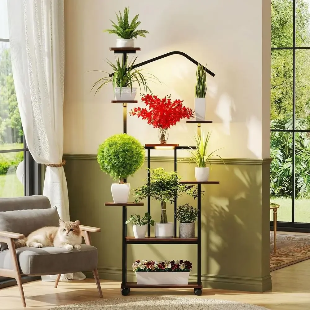 65 High Metal Indoor Plant Stand with 8 Tiers and Grow Lights, Suitable for Multi-Level Plant Display in Living Spaces and Patio