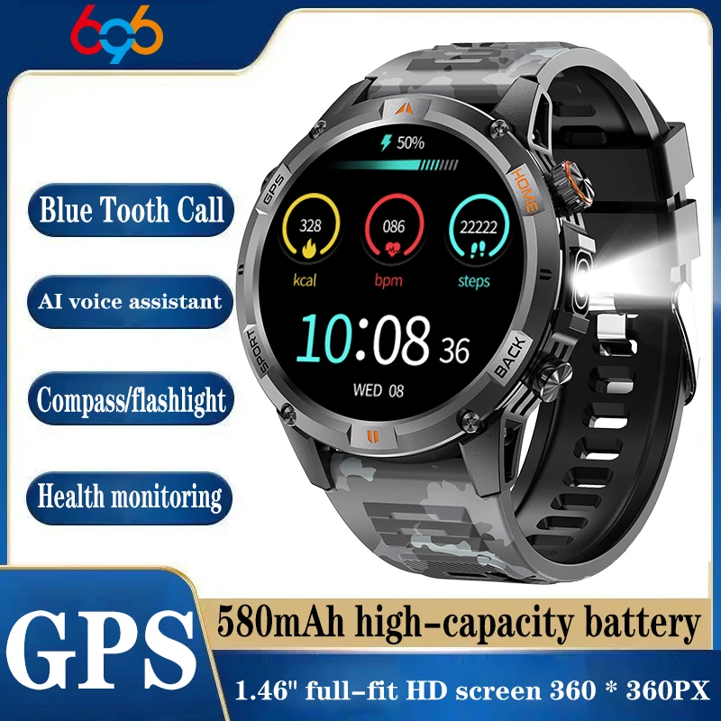 

New Smart Sports Watches Men Outdoor Flashlight Compass GPS Smart Watch Blue Tooth Call Waterproof Health Smartwatch 580Mah