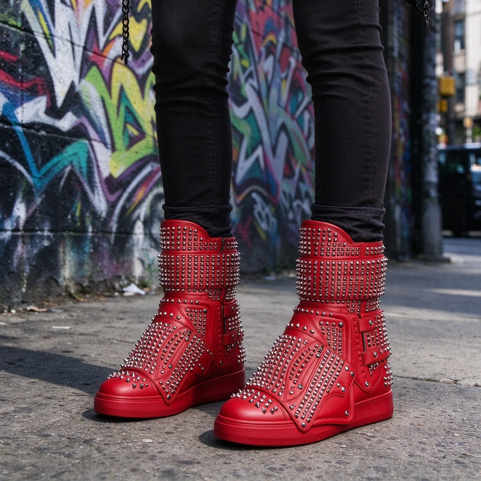 Nightclub Street Style Shoes 2026 Punk Rock Rivet Studded Ankle Boots Round Toe Thick Sole Hook and Loop High Top Mid Calf Boots