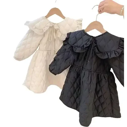 Beige/Black 2022 Baby Girls Winter Dress Big Collar Cotton-padded Thick Warm Princess Dresses Coats Kids Children Clothes 2-12T