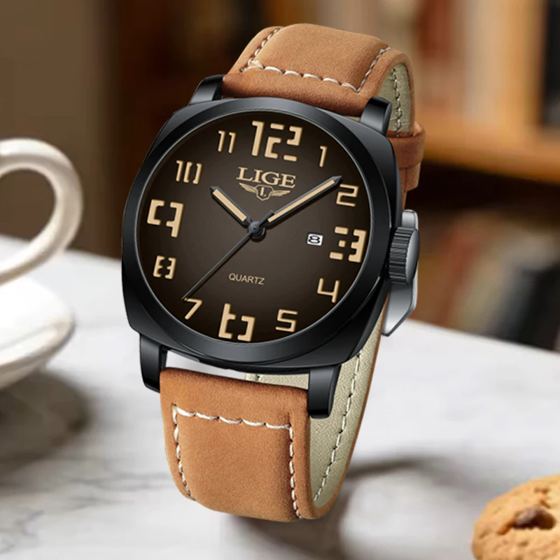 LIGE New Men Luminous Watch Outdoor Sports Leather Waterproof Watch Men Fashion Arabic Numeral Dial Quartz Wrist Watches For Men