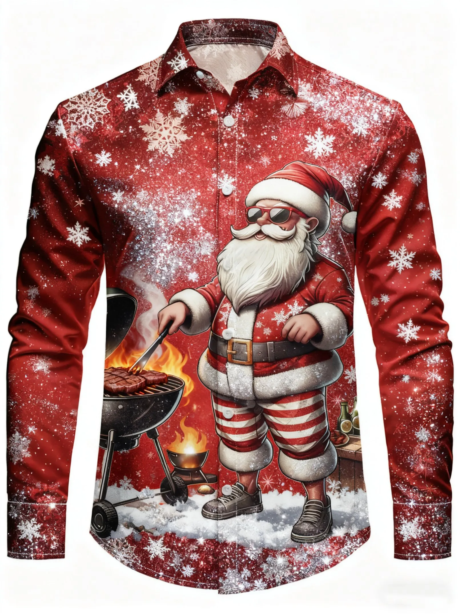 Men's long-sleeved shirt with Christmas Santa Claus and snowflake print, suitable for everyday wear and family gatherings.