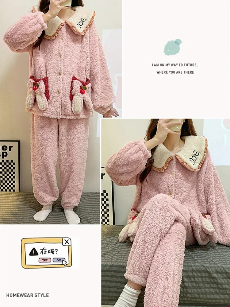 5XL Plus Size Cute Coral Velvet Pajamas Women\'s Autumn Winter Thickened Cardigan Pjs Long Sleeved Flannel Two-Piece Home Clothes