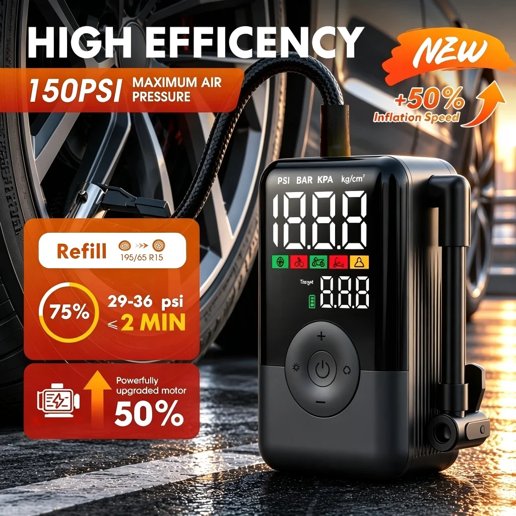 CARSUN Mini Portable Cordless Air Compressor 150PSI Digital Tire Inflator Rechargeable LED CE for Car Moto Bike Schrader Presta