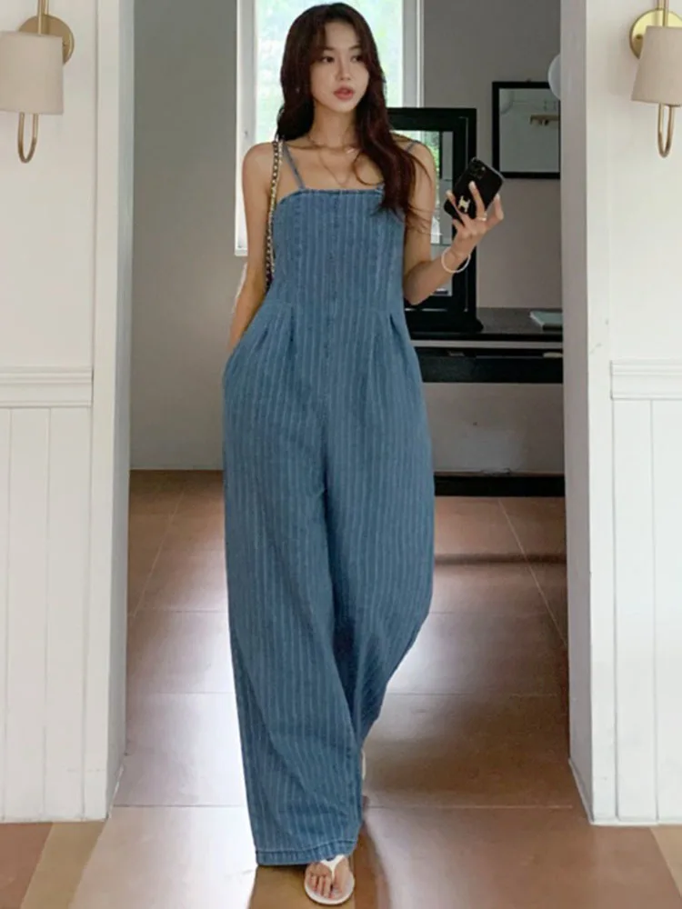 Vintage Striped Baggy Denim Slip Jumpsuit For Women Casual Loose Wide Leg Rompers With Pocket Pants Summer Overalls Playsuit New