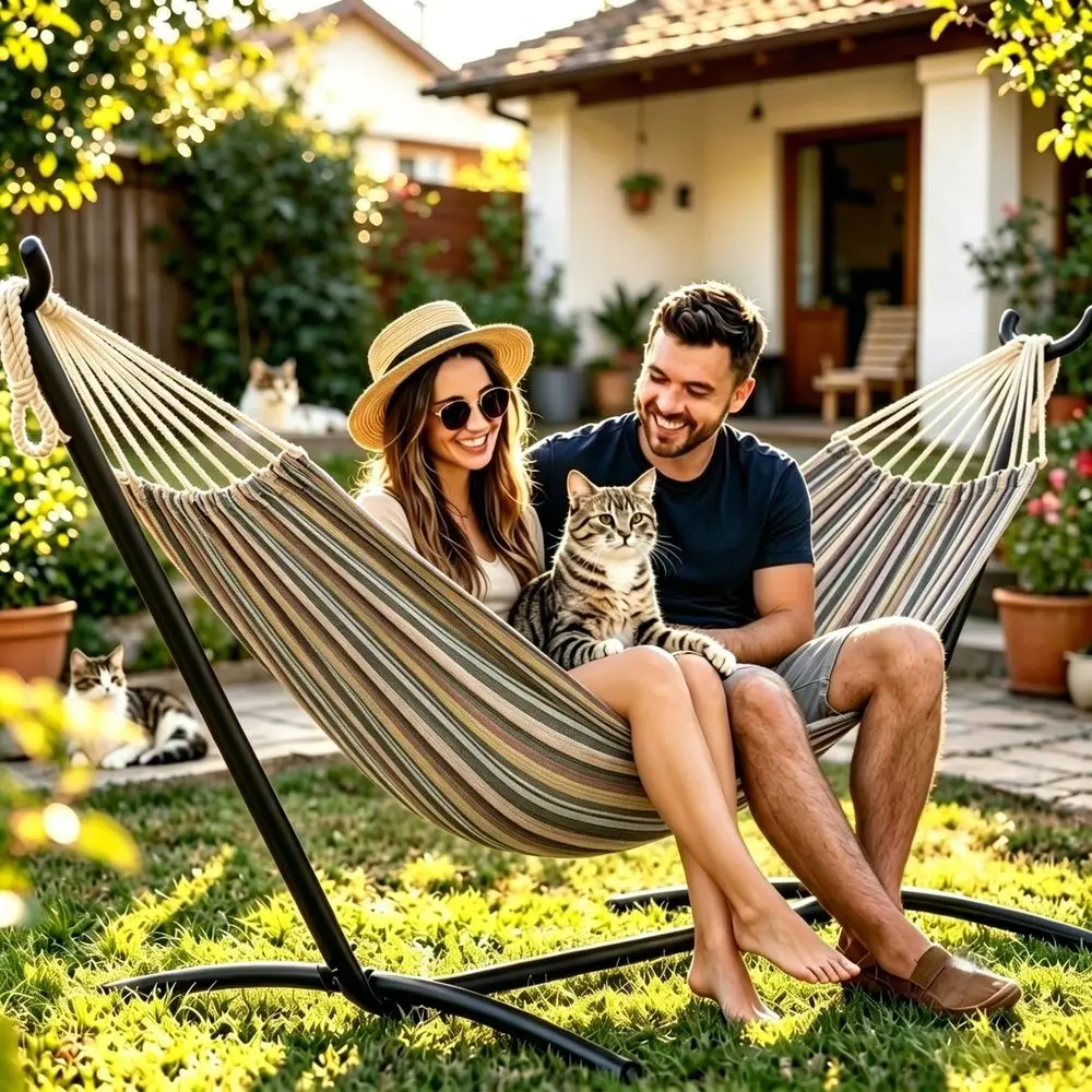 Outdoor Double Hammock With Stand ,Include Space-Saving Steel Frame, 600- Pound Load Capacity, Patio Swing Withstand, Carry Bag, Suitable For Seaside, Courtyard, Garden,Terrace, Indoor