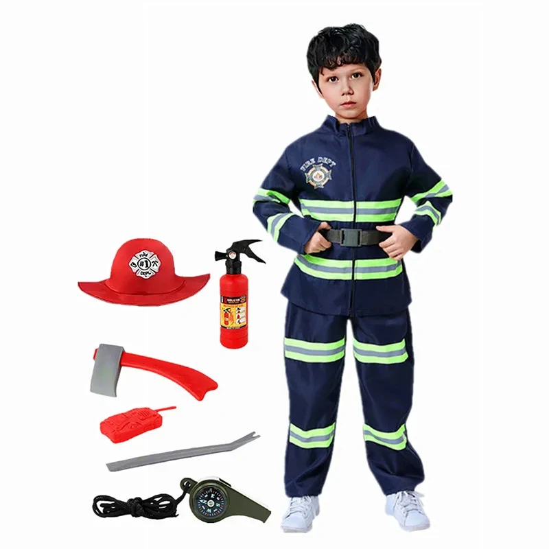 Costume de pompier bleu pour garçons, uniforme de chef des pompiers pour enfants, ensemble d'accessoires de lutte contre l'incendie, coup de pied, fête d'Halloween, pli jouant Sp123