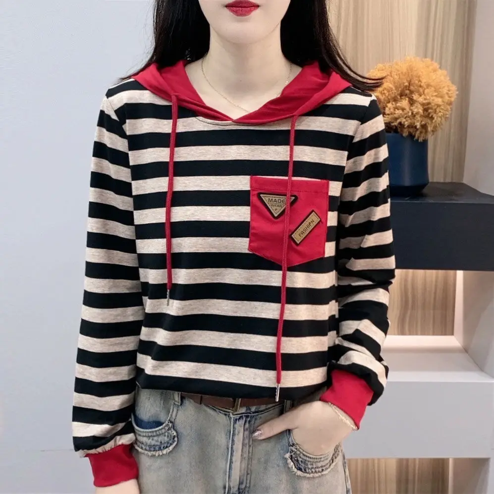 Autumn New Product Fashionable Versatile Casual Age Reducing Western Style Hoodie Hoodie with Drawstring Striped Sweatshirt Top