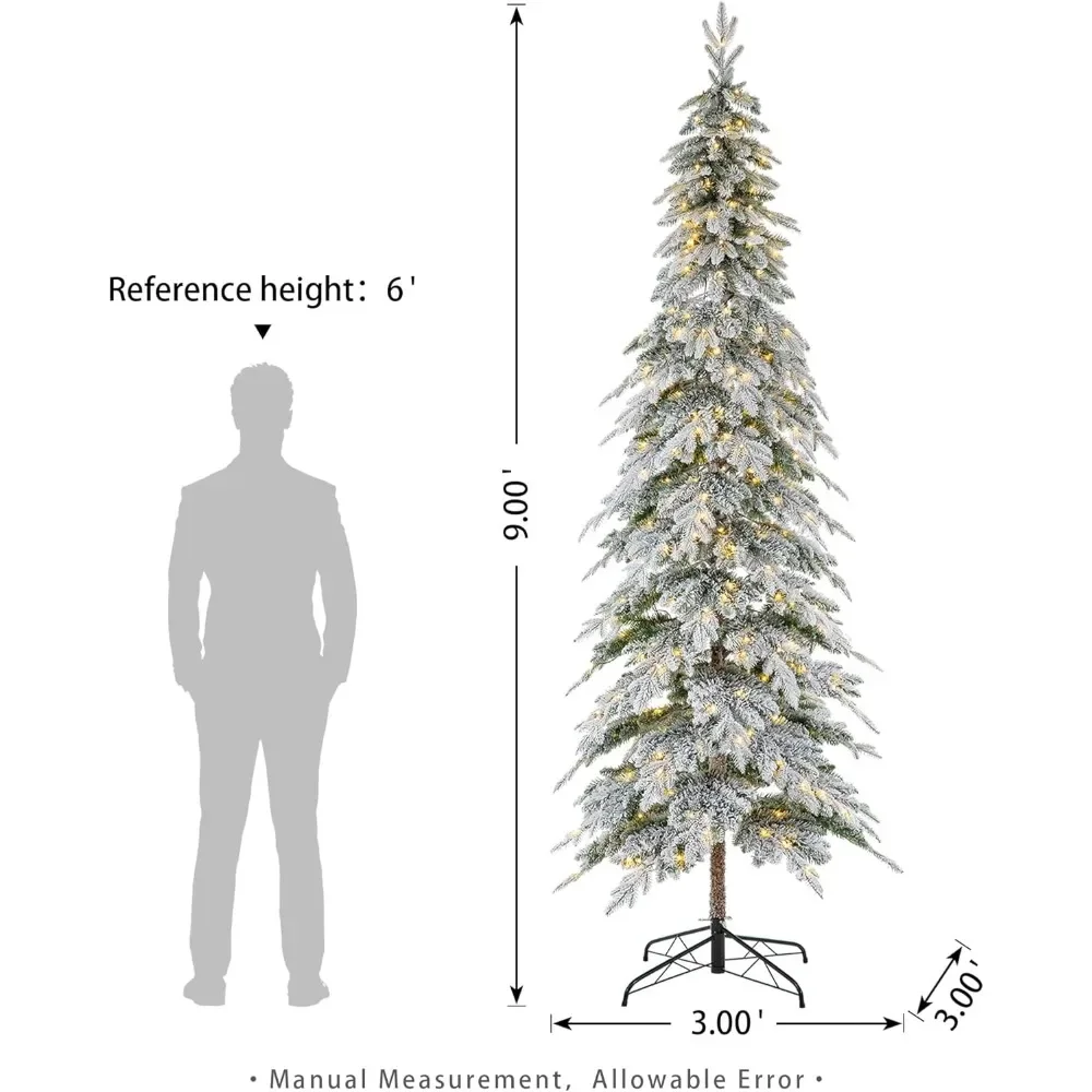 9ft Pre-Lit Flocked Pencil Spruce Artificial Christmas Tree with 470 Warm White Lights and Sturdy Metal Stand for Home