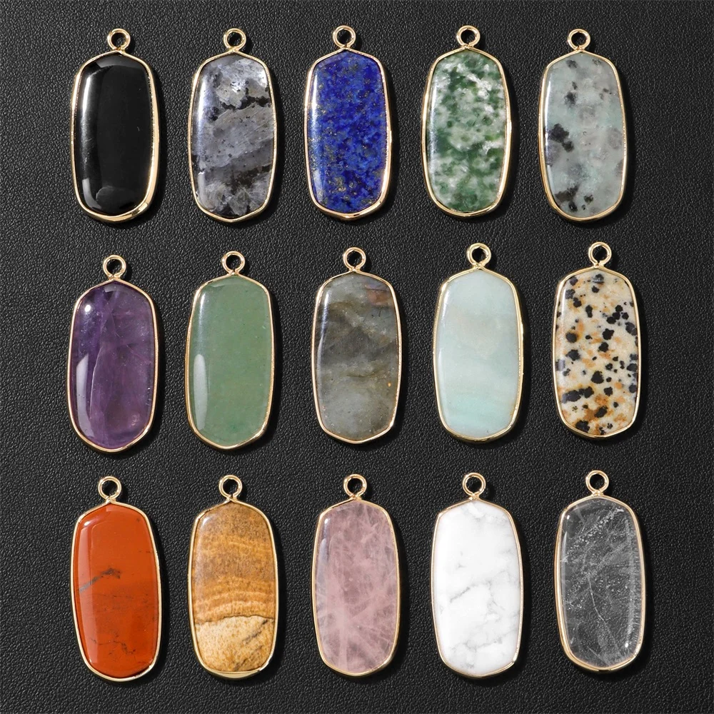 2PCS Natural Rectangle Stone Pendant 16X35MM Labradorite Quartz Amazonite Single Loop Charms For Jewelry Making DIY Necklace