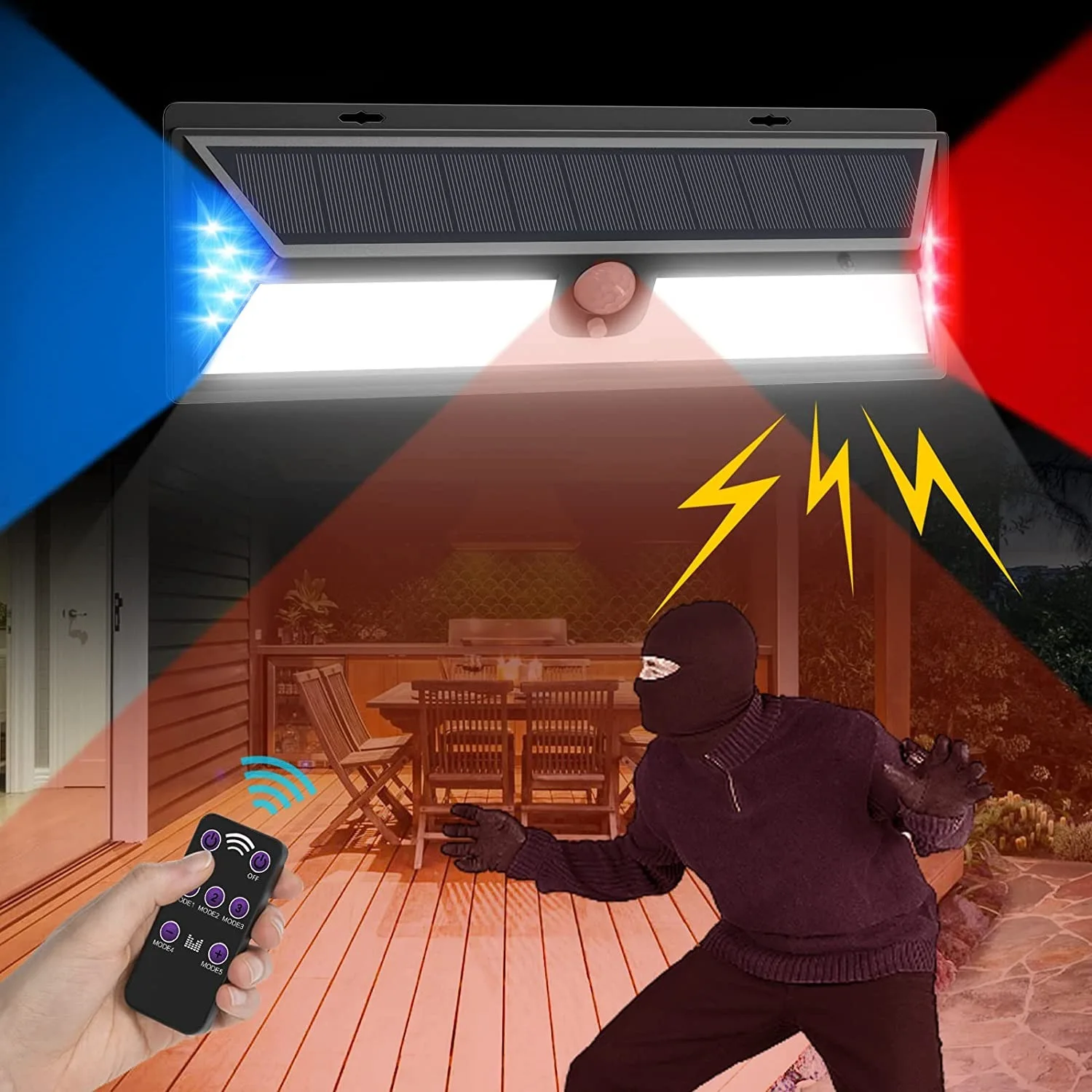 Solar Led Strobe Warning Light Outdoor Waterproof Motion Sensor Remote Control Alert Flashing Wall Lamp para Yard Farm Camping