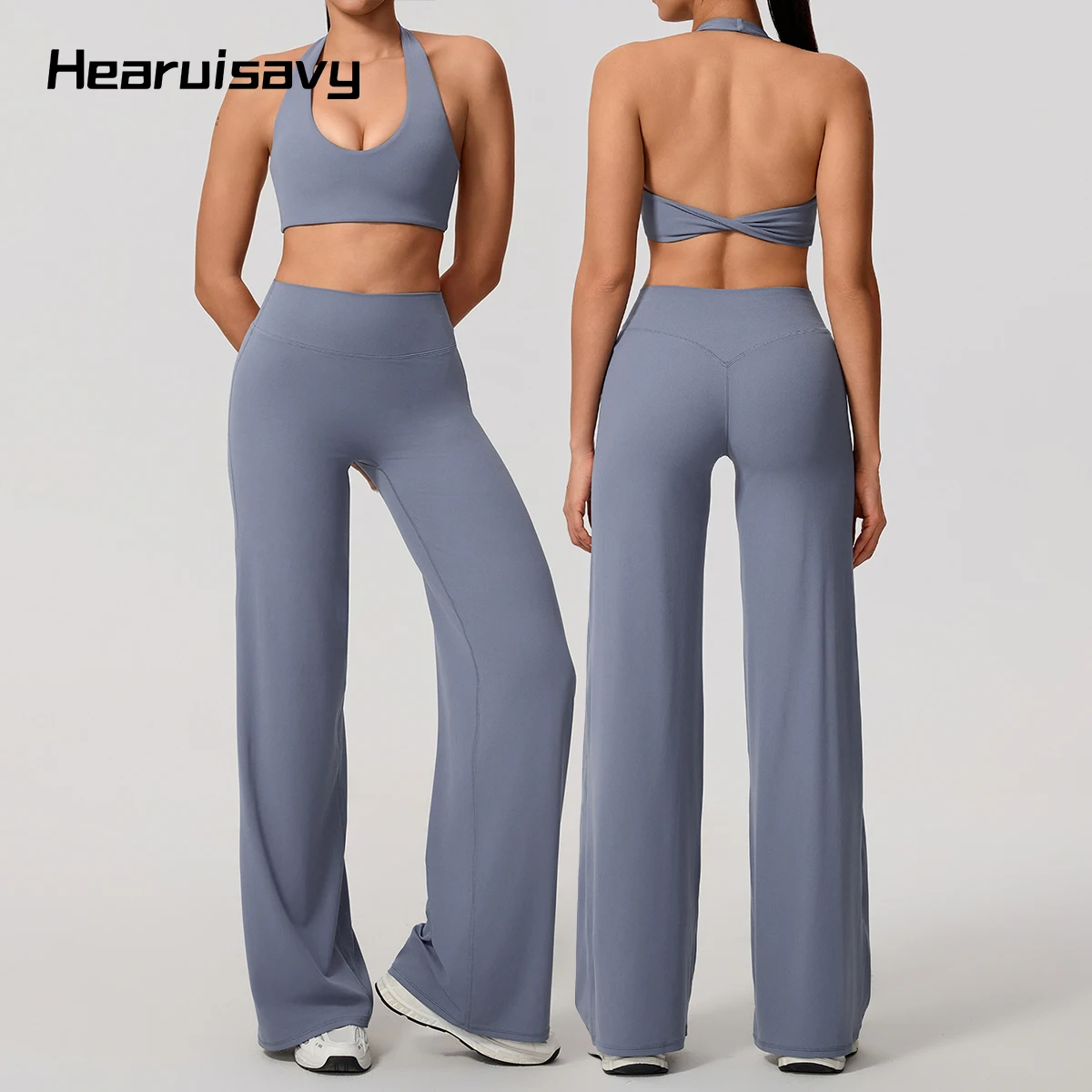 

Летний комплект для йоги Hearuisavy, 2 предмета: дышащий спортивный топ с открытой спиной и бретелями через шею, пуш-ап, для пилатеса и фитнеса, и прямые брюки.
