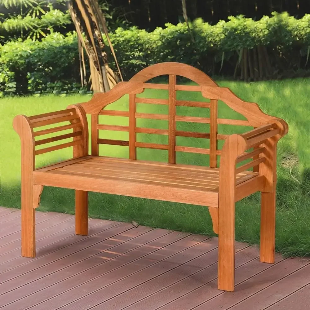Durable Wooden 2-Person Outdoor Bench with Crown-Like Backrest and Armrests, Suitable for Patio, Porch, or Park, Supports 800lbs
