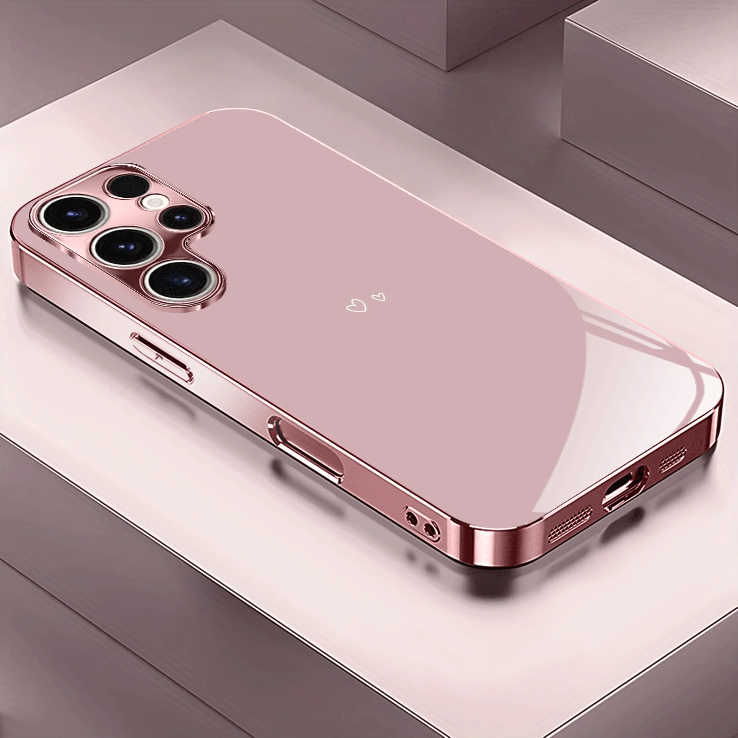 Pink heart-shaped metallic paint glass phone case suitable for Samsung Galaxy S26 S25 S24 S22 S21 S20 FE/Ultra/Plus shockproof