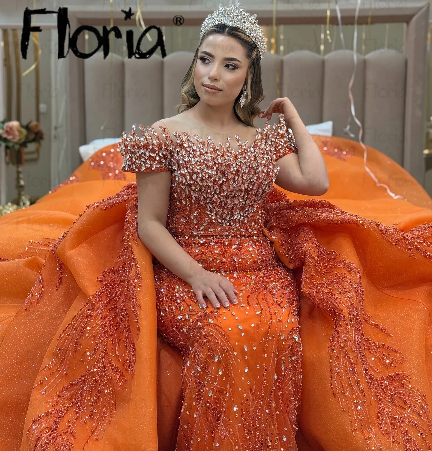 

New Orange Off Shoulder Elegant Sequin Party Prom Dress Ladies Long Wedding Engagement Night Gown 2025 Evening Dress Customized