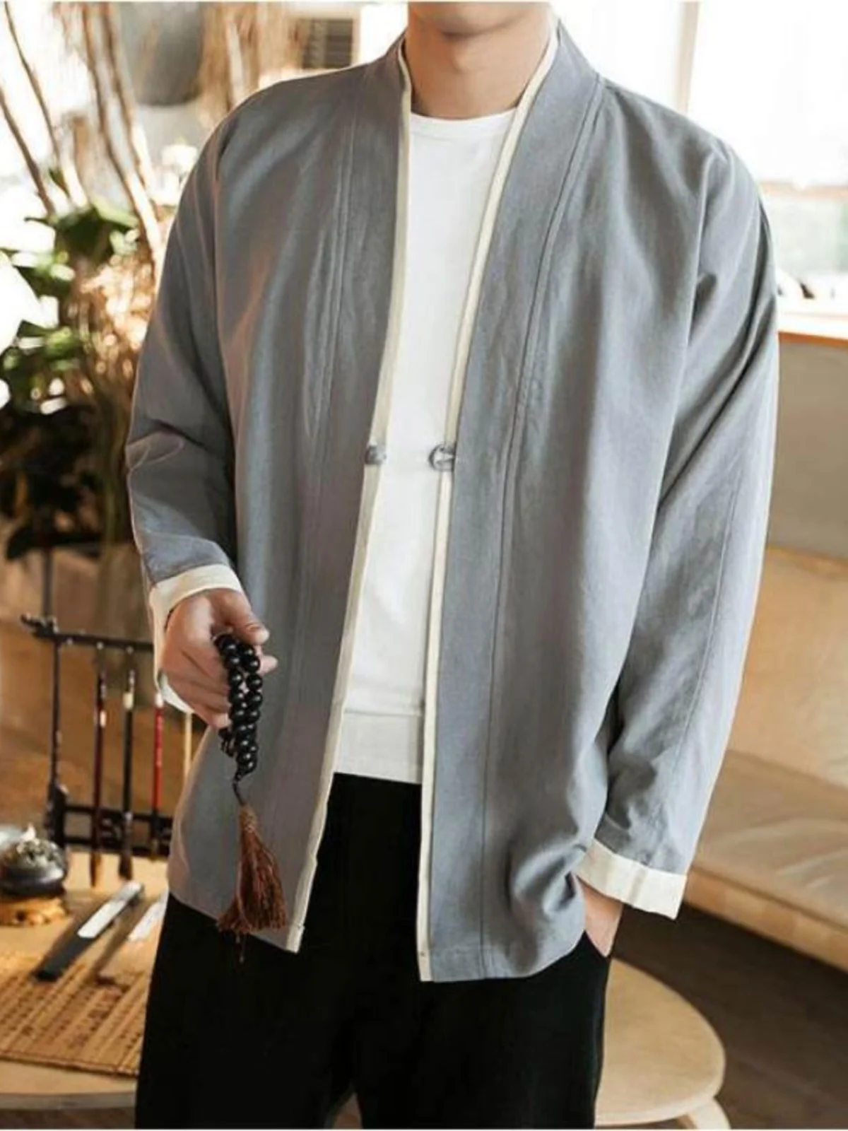 

Ретро-льняная куртка в китайском стиле для мужчин: весенняя модная традиционная одежда Ханьфу, дзен-костюм, старинный наряд, верхняя одежда свободного кроя, длинная.