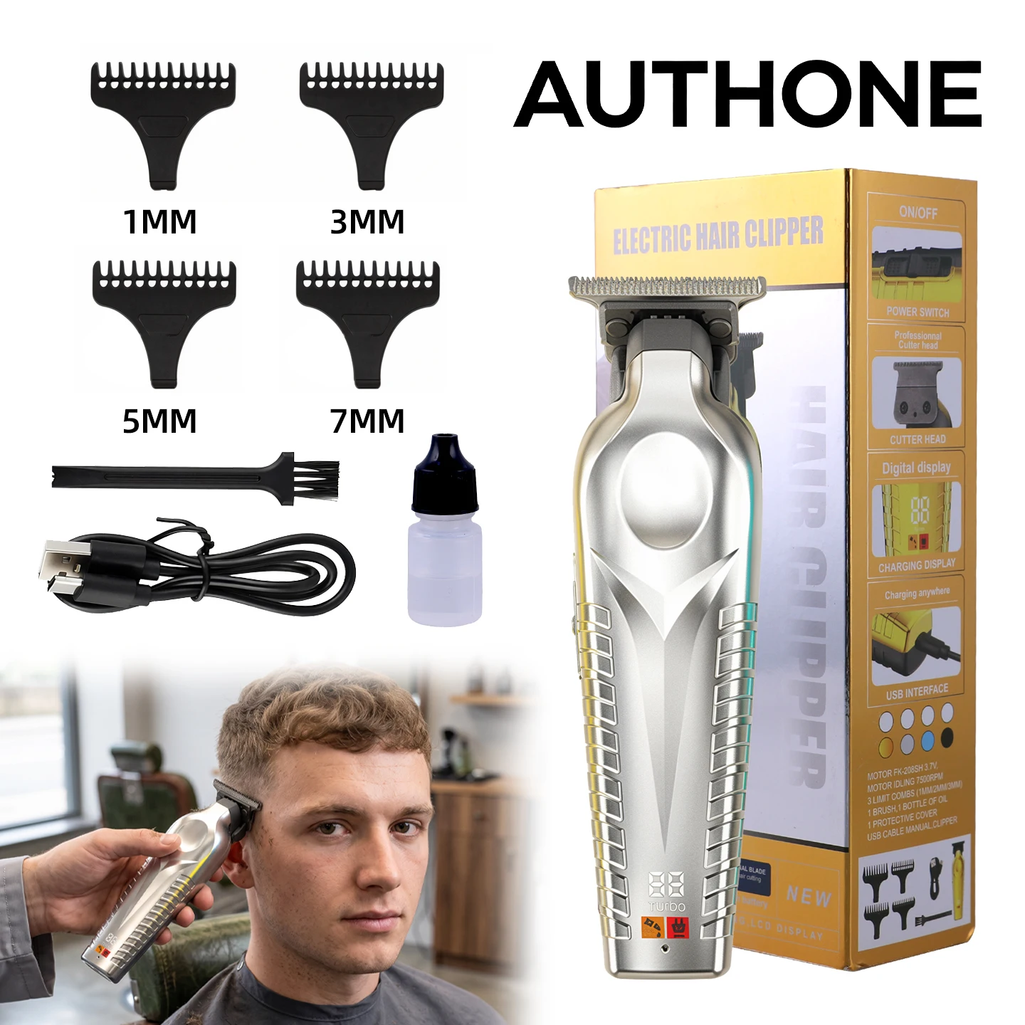 AUTHONE Professional Barber Cordless Hair Clipper USB Rechargeable Hair Trimmer Precision Beauty Tool Men's Gift
