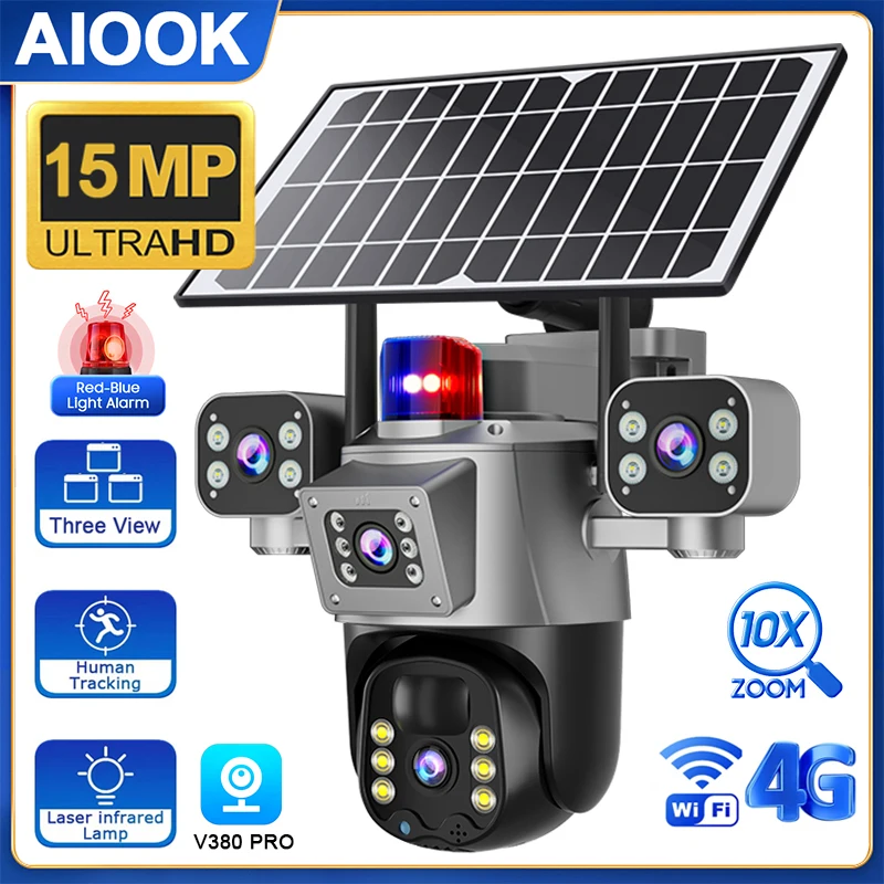 

AIOOK 12000 MAh Battery Outdoor Solar Camera 4G SIM Triple Lens HD 15MP WIFI Camera Night Vision Motion Tracking V380 PRO Camera