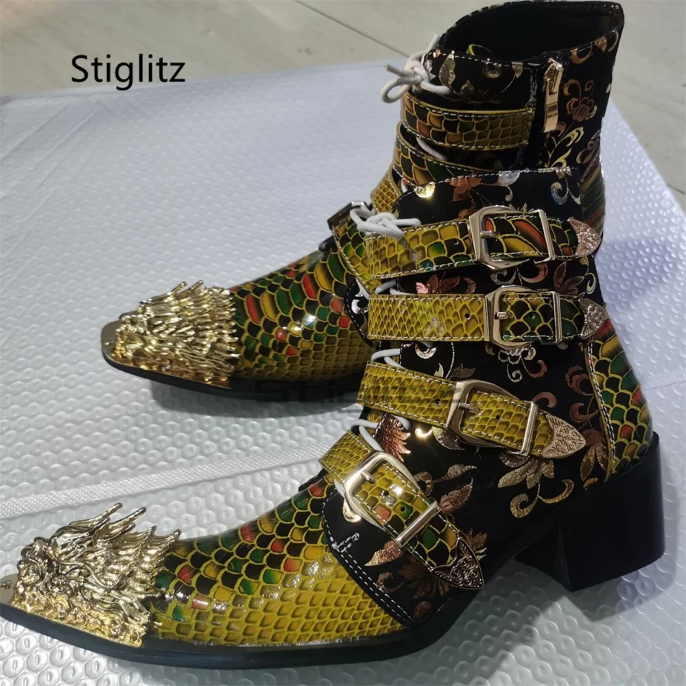 Snake Print High Heels Chelsea Boots for Men Metal Pointed Toe Multi Buckle Straps Punk Side Zipper Partys Hoes Botas Hombre