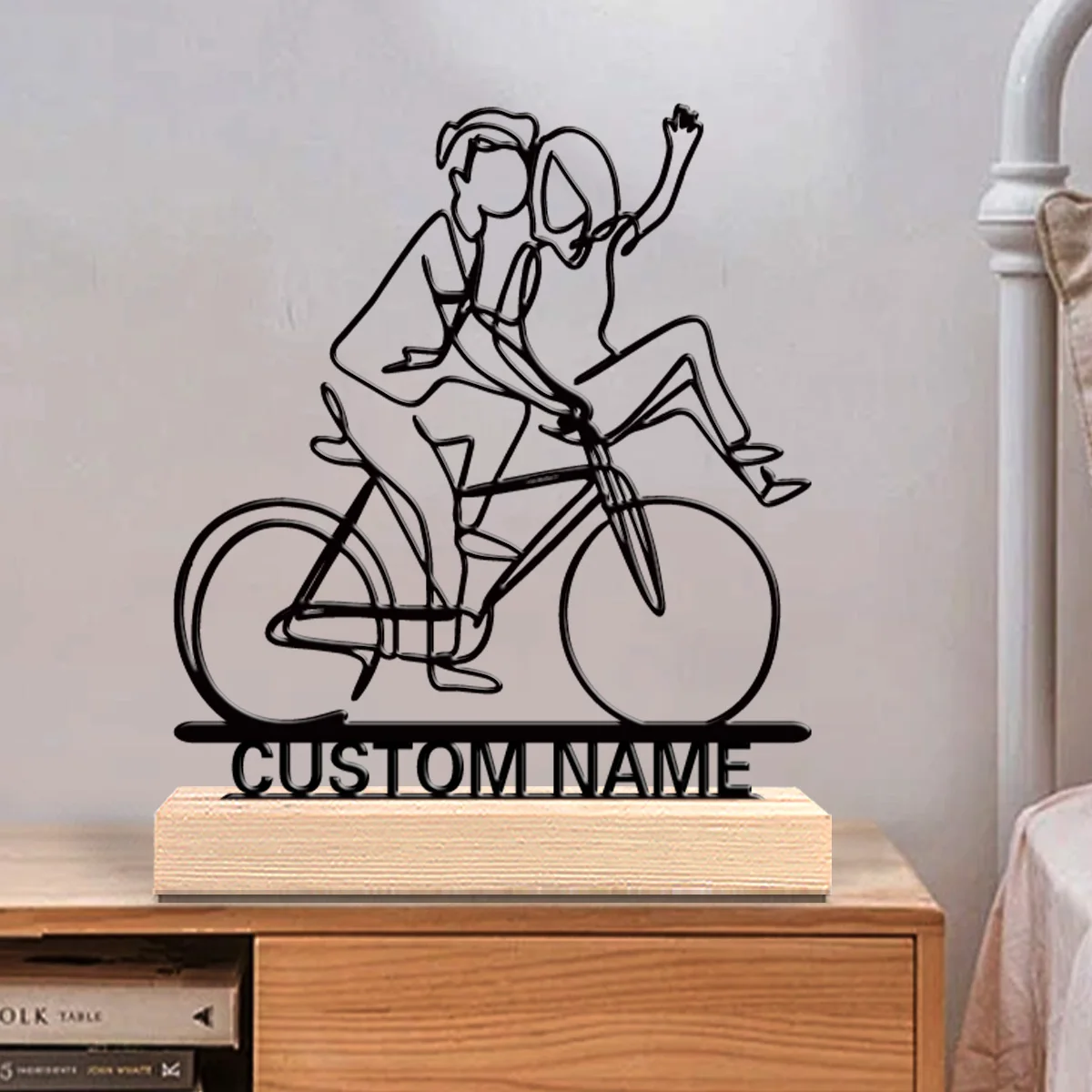 1pc Simple bike couple Customized Text Metal Statue Iron Ornament Art Figurine With Wood Base Iron Sculpture For Boys Gifts