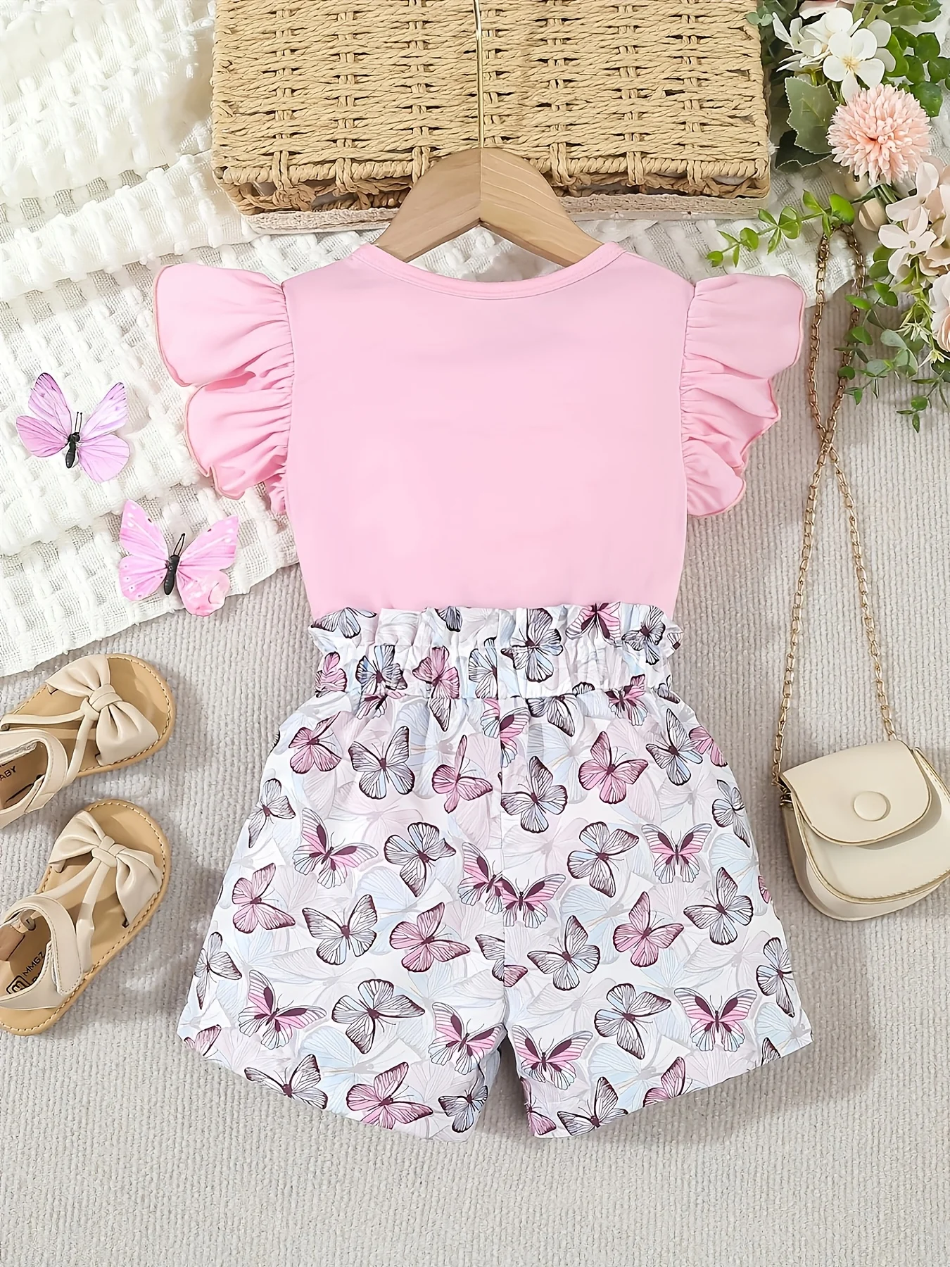 Pink Sweet Butterfly Print Flutter-Sleeve Set - Big Bow Shorts Girls’ Fresh Lively Summer Outfit