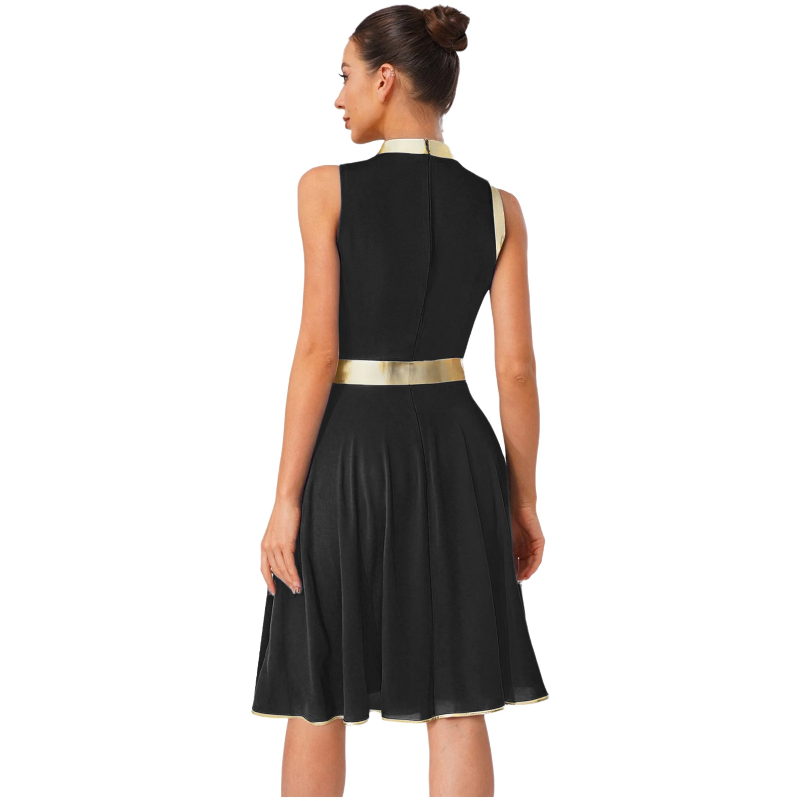 

Women Lyrical Praise Dance Dress Metallic Shiny Patchwork Sleeveless Tunic Dress Liturgical Worship Dance Performance Costume
