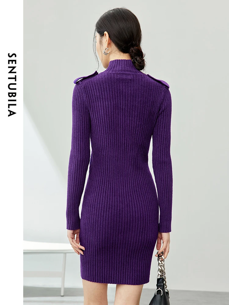 SENTUBILA Half High Collar Straight Long Sleeve Knitted Dress 2024 Spring Fashion Single Breasted Slim Mini Dresses W41L53935X