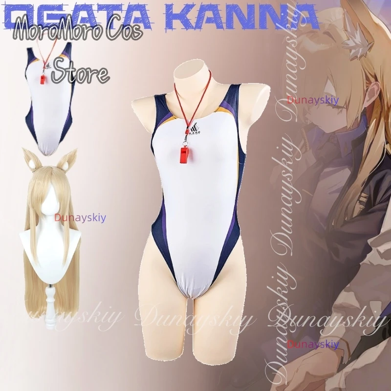 

Blue Archive Game Ogata Kanna Cosplay With The White Blue Swimsuit Blue Coat With Light Gold Long Wig Cosplay 코스프레 All Of Set