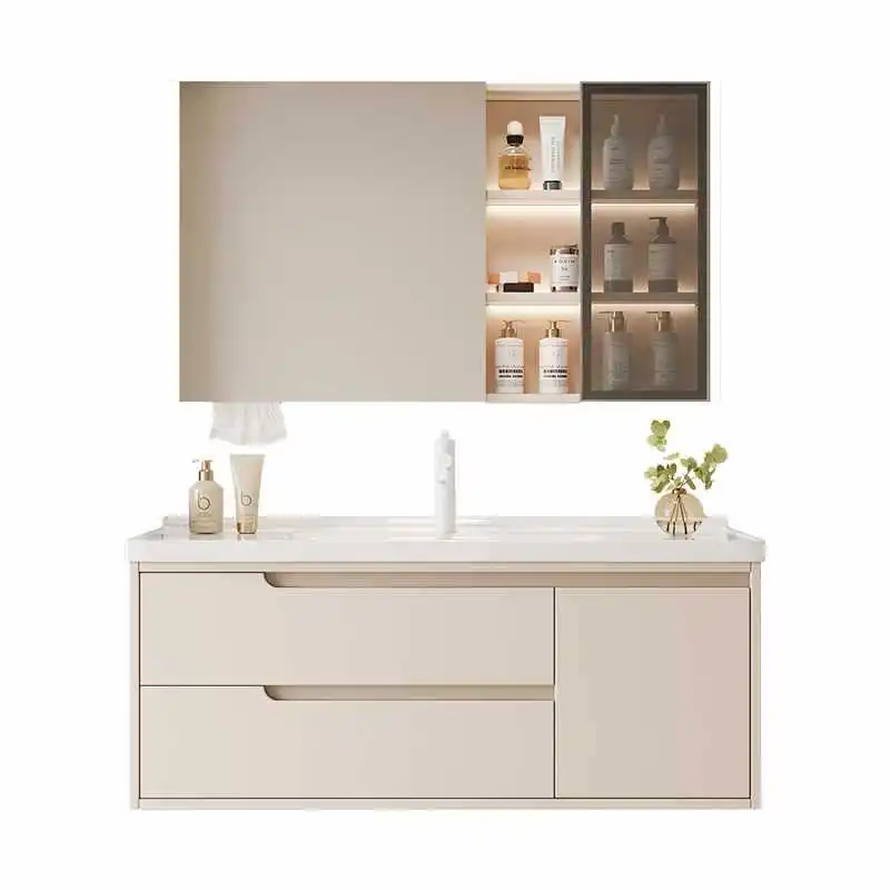 

Ceramic integrated basin, bathroom cabinet, bathroom, cream color, washbasin, toilet.