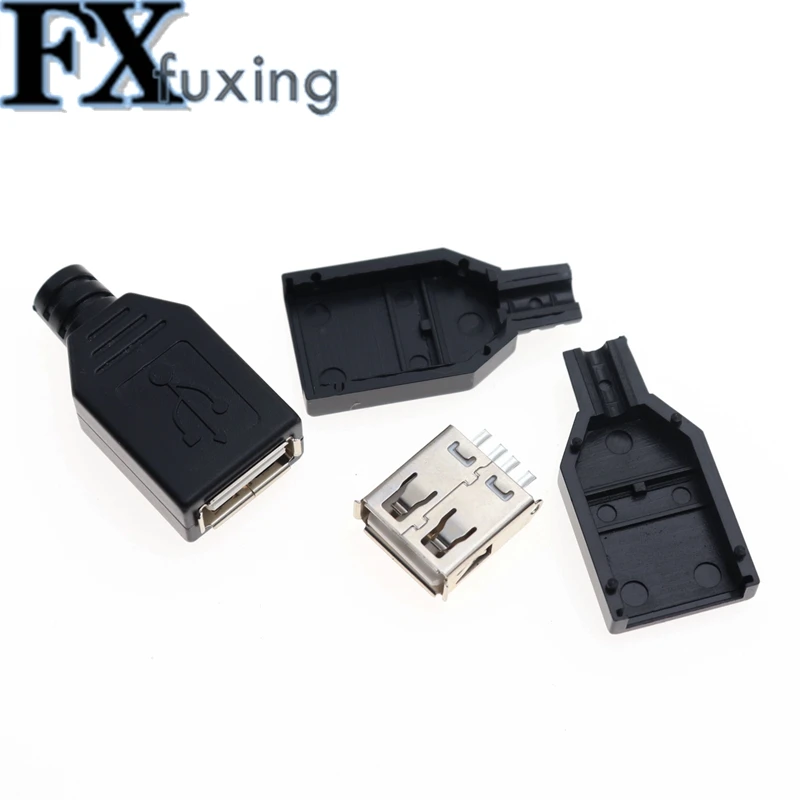 10pcs Type A Female 2.0 USB 4 Pin Plug Socket Connector With Black Plastic Cover Solder type DIY Connector A Type Welding Wire