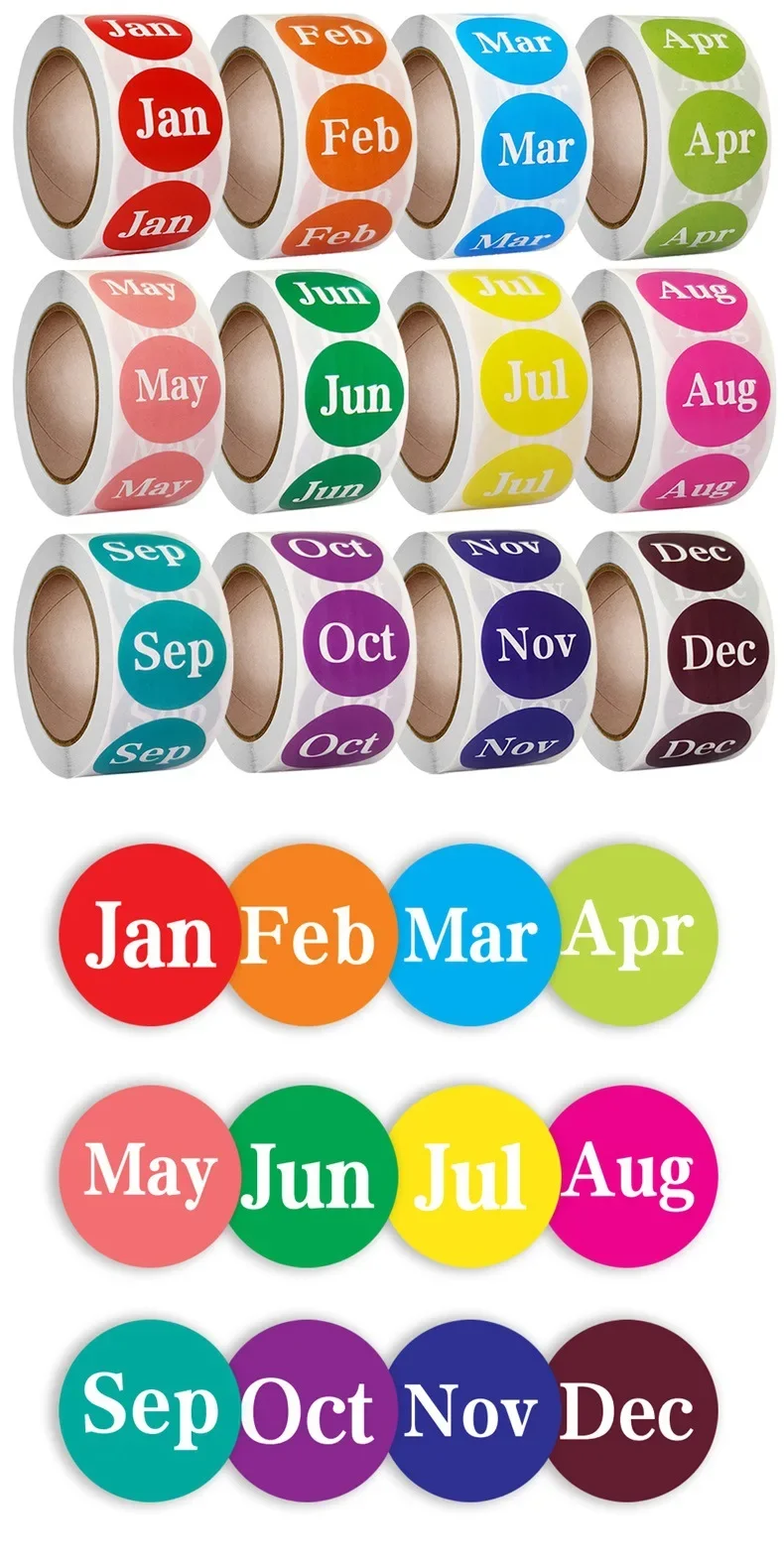 Ronde Engelse Maand Label 1-Inch Polka-Dot Zelfklevende Sticker Jan-Maand Dec Categorie Label 500 Stationair