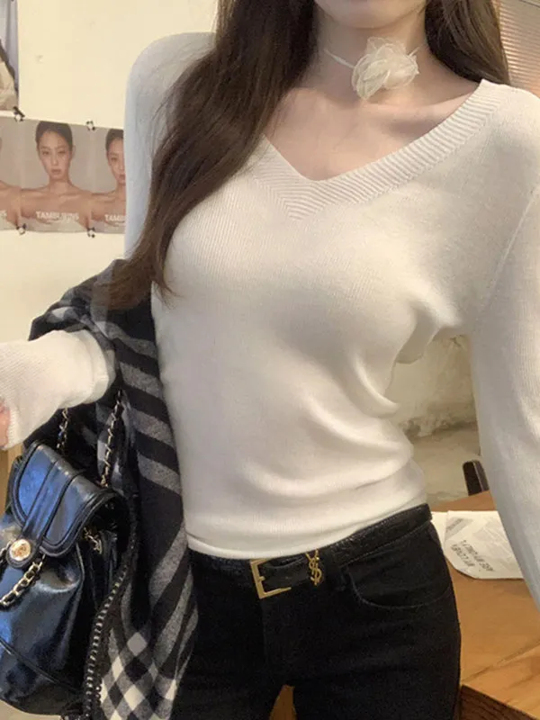 

Spring Korean Style V-Neck Long Sleeve Knitted Base Shirt Women's New Unique Beautiful Good Looking Inner Wear Top