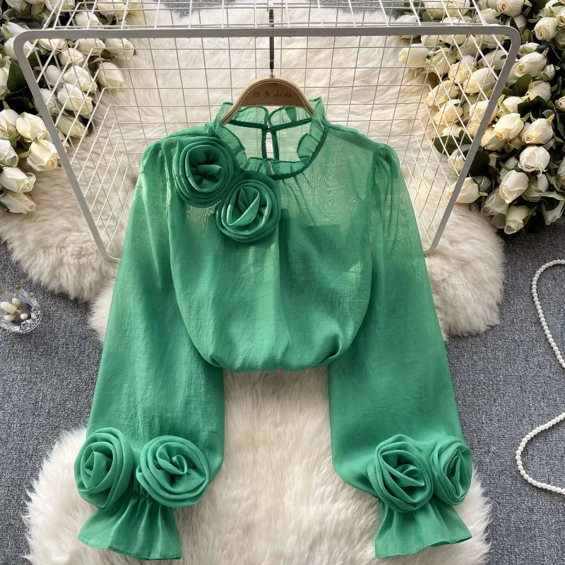Long Sleeve Shirt Blouse Design 3D Roses Bubble Sleeves Floral Solid Womenswear Office Lady Red Chic Slim